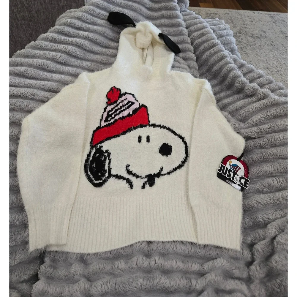 Justice Peanuts Snoopy Fuzzy Eyelash Knit Hooded Sweater Girls Small 7/8 White